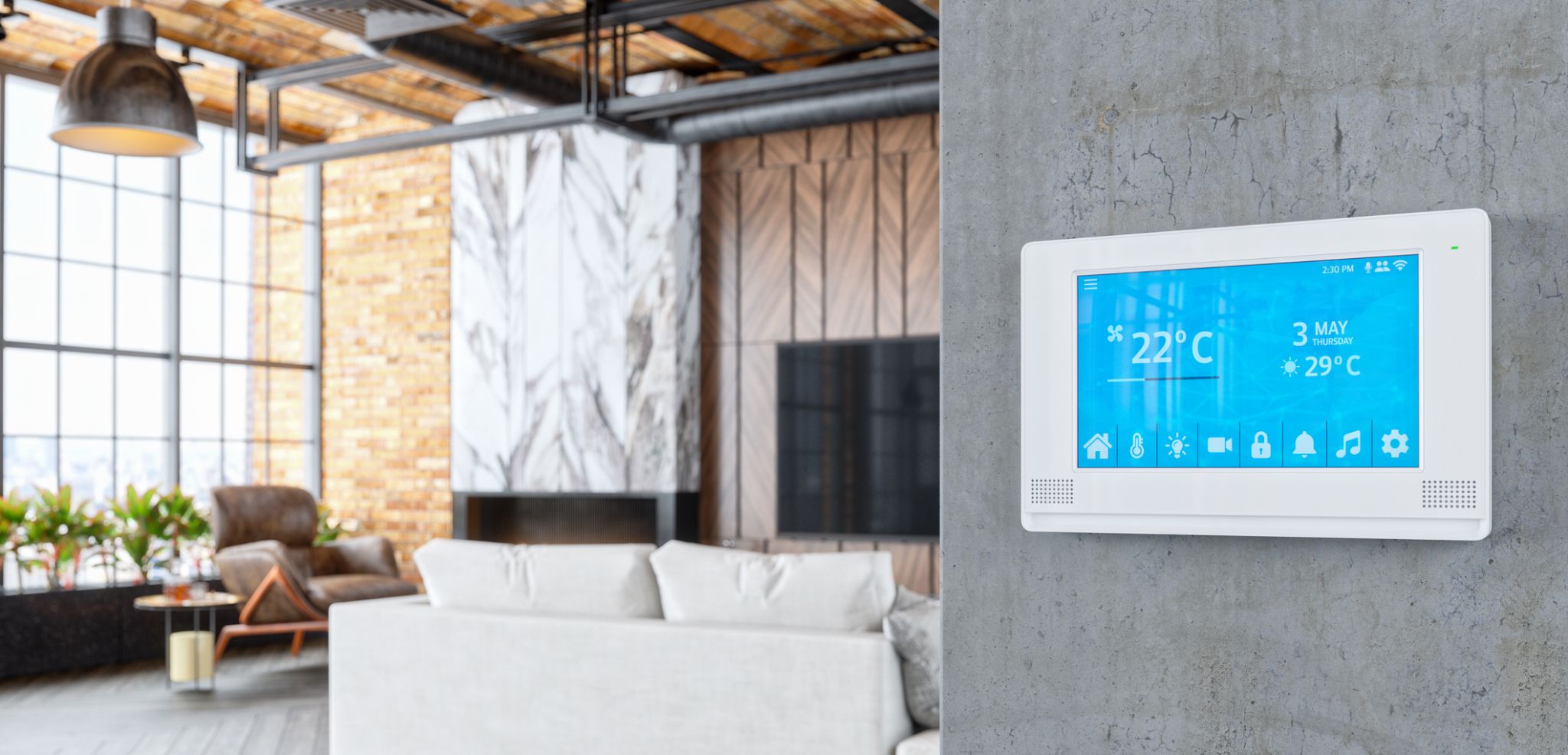 Cybersecurity of the built environment: image of IoT control panel in an office controlling temperate, air etc