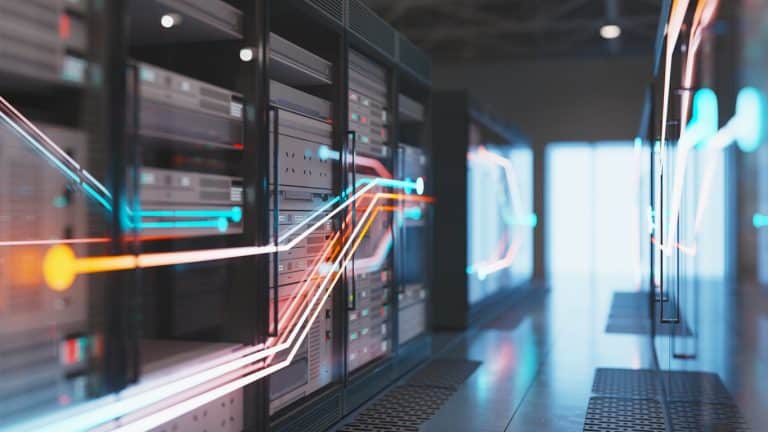 Modern dark data centre with servers in 3D render