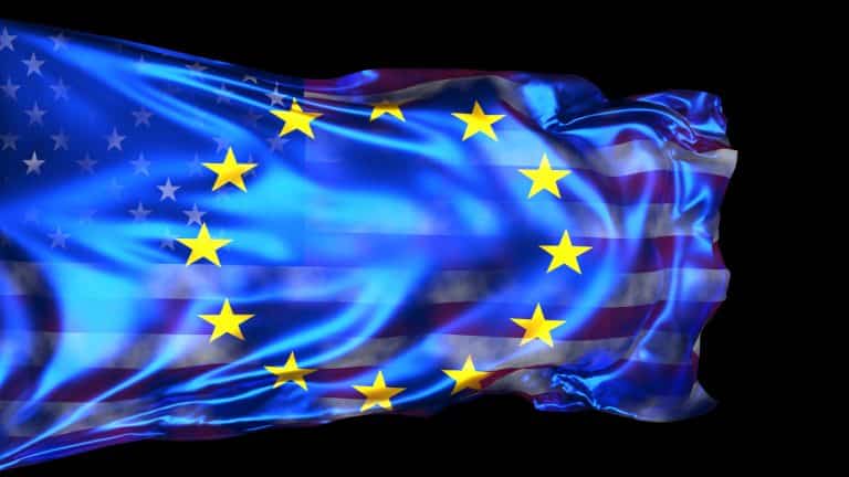 European flag with American flag texture overlay