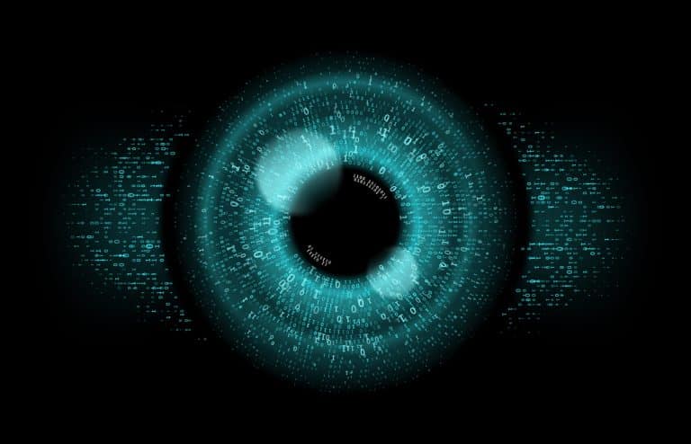 Digital eye with binary code representing cybersecurity and secure surveillance