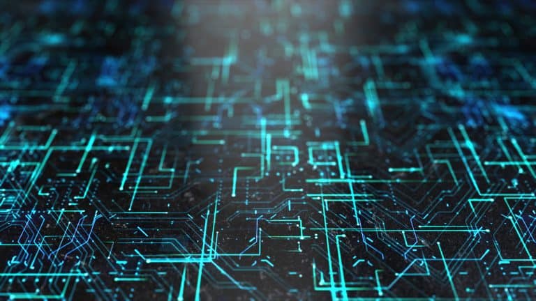 Green circuit board background representing computer technology and AI