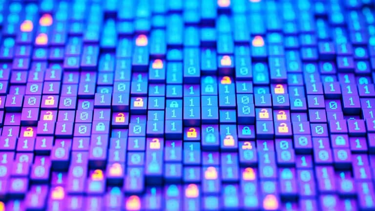 Digital lock and binary code representing encrypted data and cybersecurity