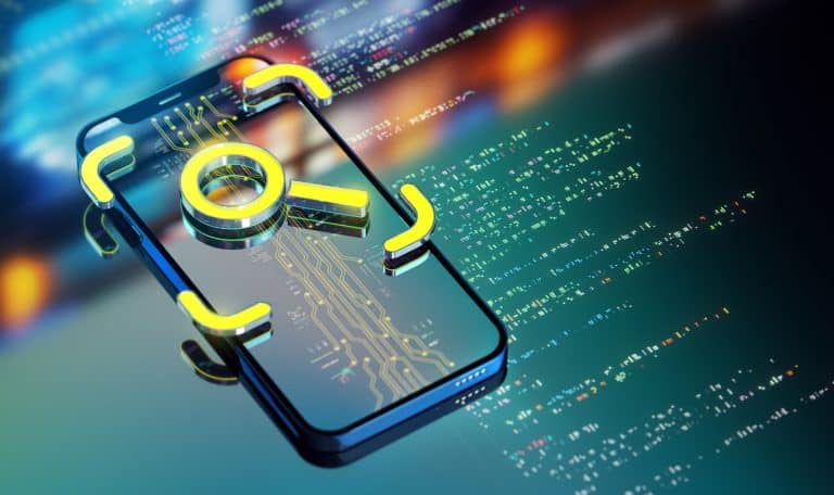 Yellow search icon on smartphone representing AI-powered search