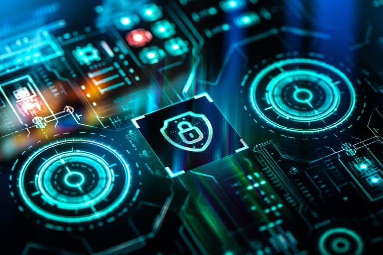 Cybersecurity and data privacy shield on futuristic digital interface