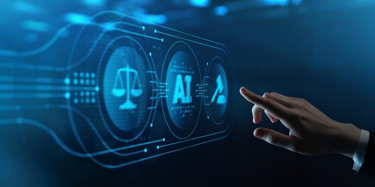 Businessman interacting with virtual screen showing AI, justice scales, and gavel