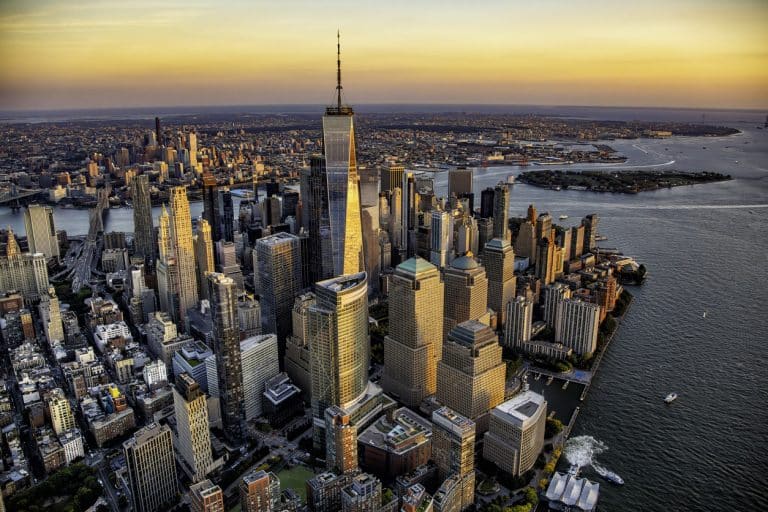 Aerial view of downtown New York City cityscape