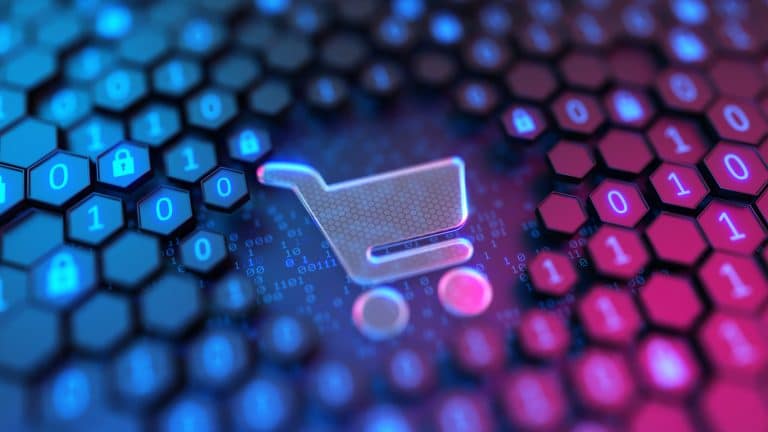 Shopping cart icon with binary code background