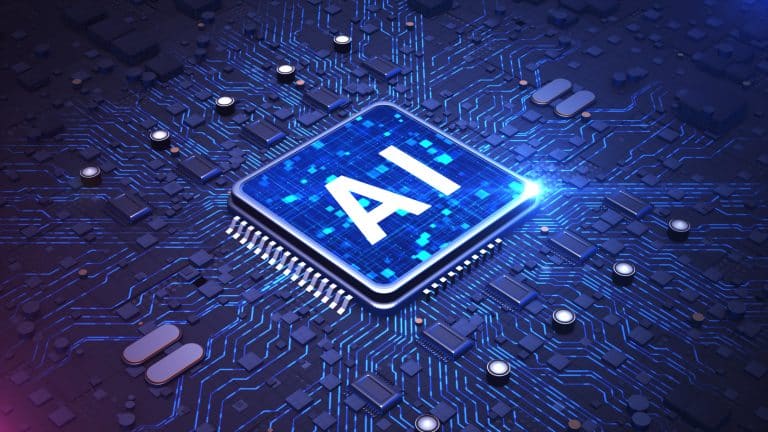 Futuristic AI chip shaped like a brain on a blue circuit board