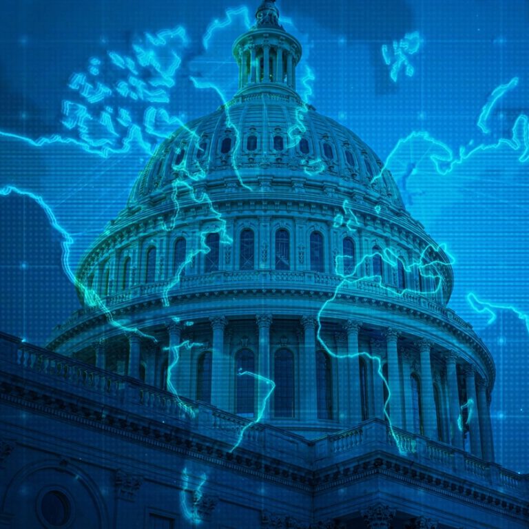 Political building behind a blue world map representing geopolitics