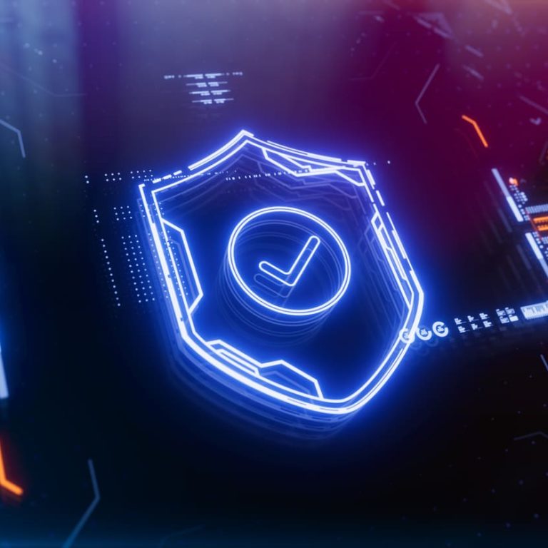Futuristic neon shield with checkmark representing cybersecurity and data protection