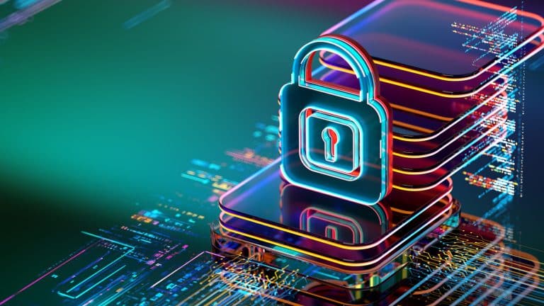 Digital lock on abstract CPU and code representing data breach protection
