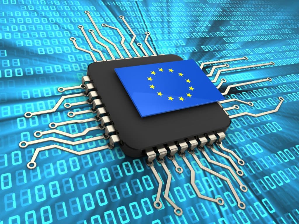 3D illustration of a computer chip with EU flag on digital background