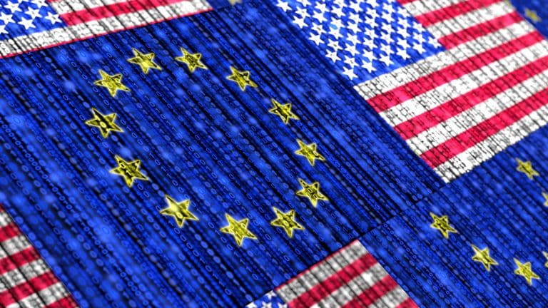European and US flags composed of binary data streams representing cybersecurity
